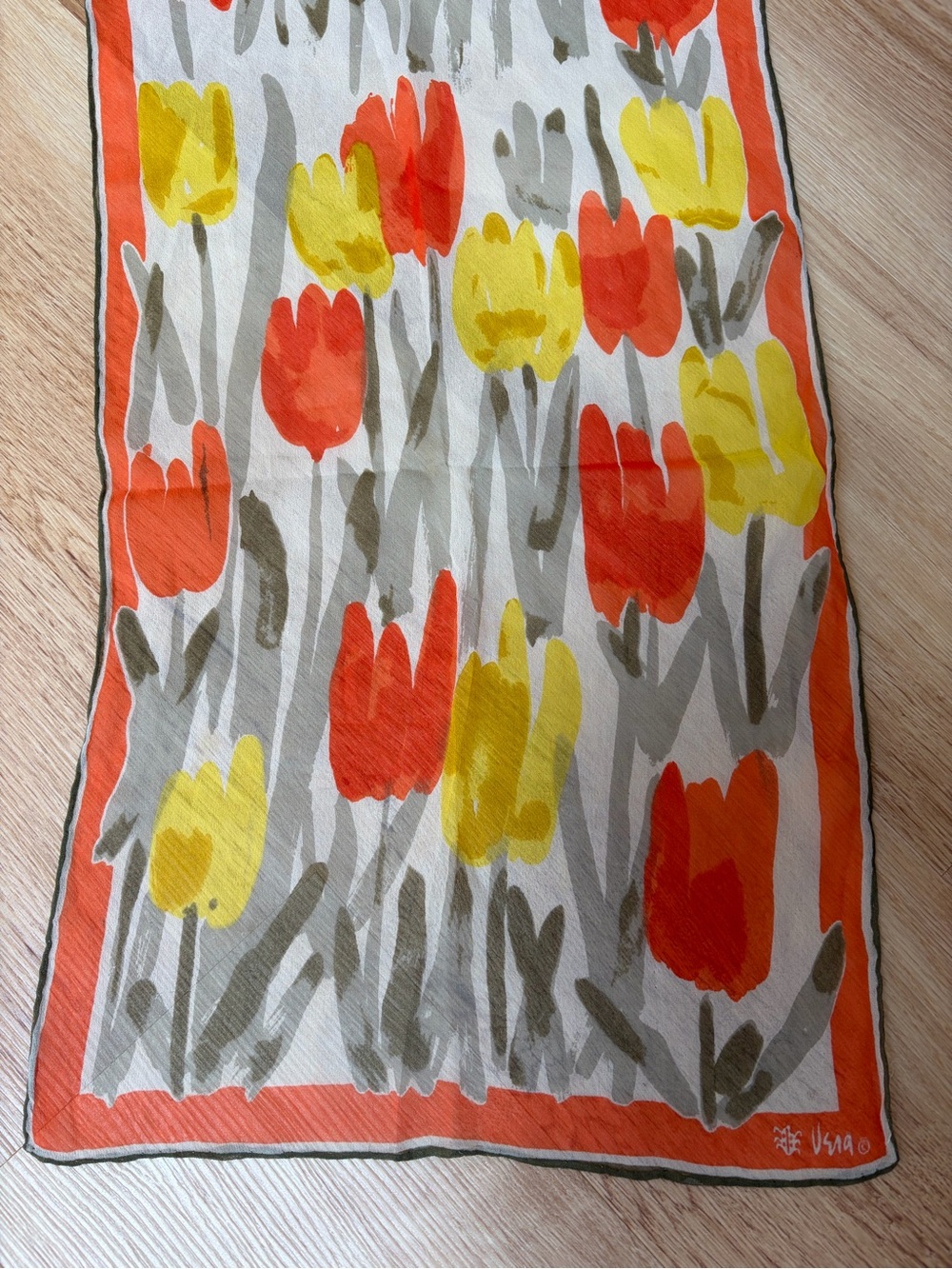 Vintage Scarf Vera Neumann Floral Tulip Print Wrap Orange Yellow Rectangle